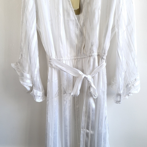 New Melissa Odabash Pearl White Look 9 Gold Striped Faux Wrap Midi Dress NWT - Picture 7 of 12